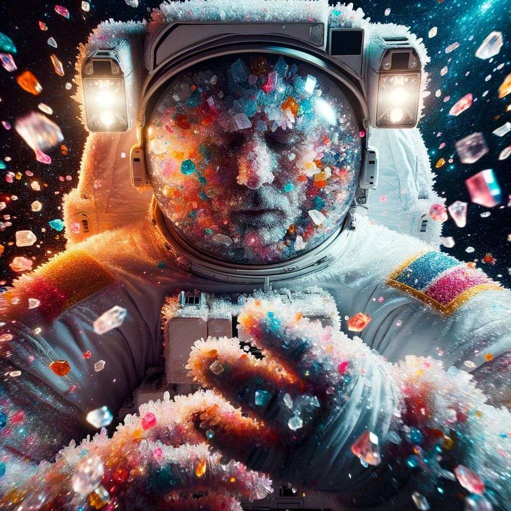 an astronaut, covered in exploding crystals